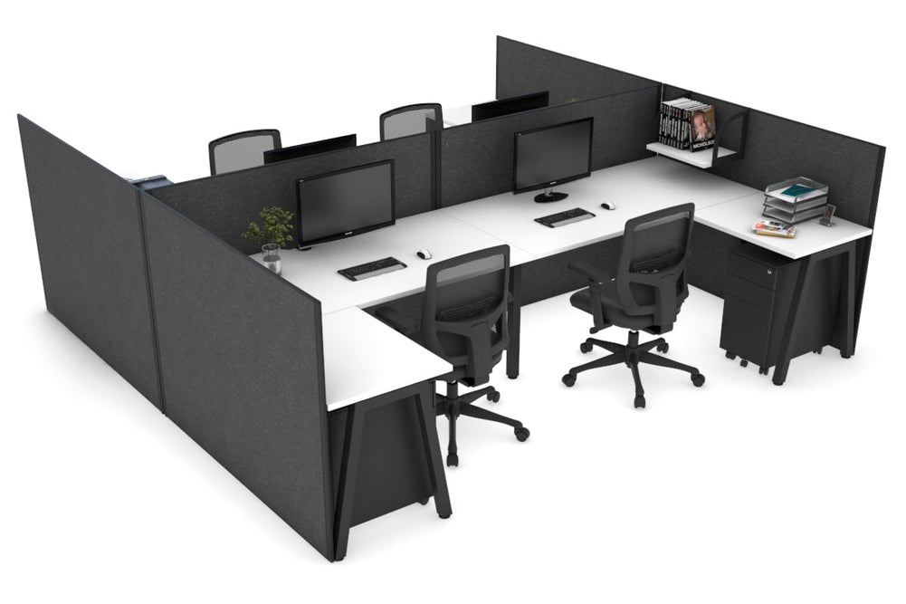 Quadro A Legs 4 Person Corner Workstation - H Configuration - Black Frame [1400L x 1800W with Cable Scallop]-white moody charcoal none