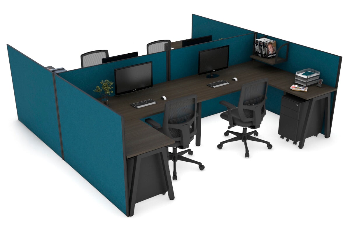 Quadro A leg 4 Person Corner Workstations - H Configuration - Black Frame [1400L x 1800W with Cable Scallop] Jasonl dark oak deep blue none