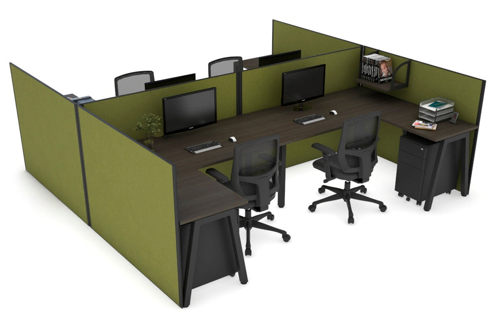 Quadro A Legs 4 Person Corner Workstation - H Configuration - Black Frame [1400L x 1800W with Cable Scallop]-dark oak green moss none