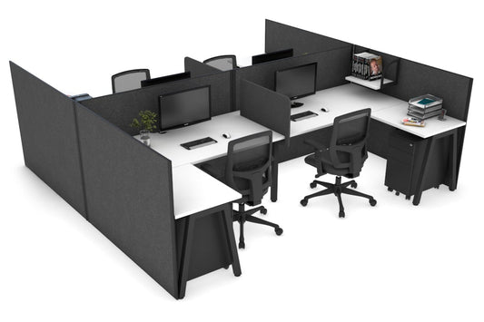 Quadro A leg 4 Person Corner Workstations - H Configuration - Black Frame [1400L x 1800W with Cable Scallop] Jasonl white moody charchoal biscuit panel