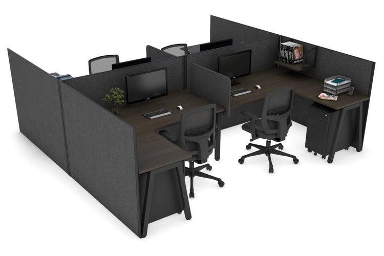 Quadro A leg 4 Person Corner Workstations - H Configuration - Black Frame [1400L x 1800W with Cable Scallop] Jasonl dark oak moody charchoal biscuit panel