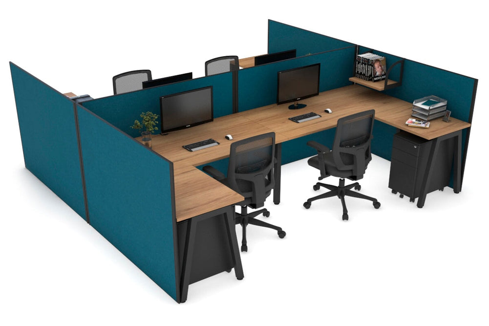 Quadro A Legs 4 Person Corner Workstation - H Configuration - Black Frame [1600L x 1800W with Cable Scallop]-salvage oak deep blue none