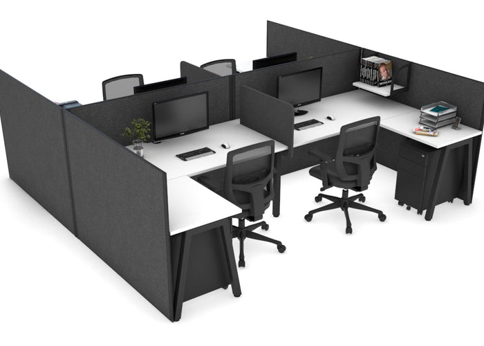 Quadro A leg 4 Person Corner Workstations - H Configuration - Black Frame [1600L x 1800W with Cable Scallop] Jasonl white moody charchoal biscuit panel