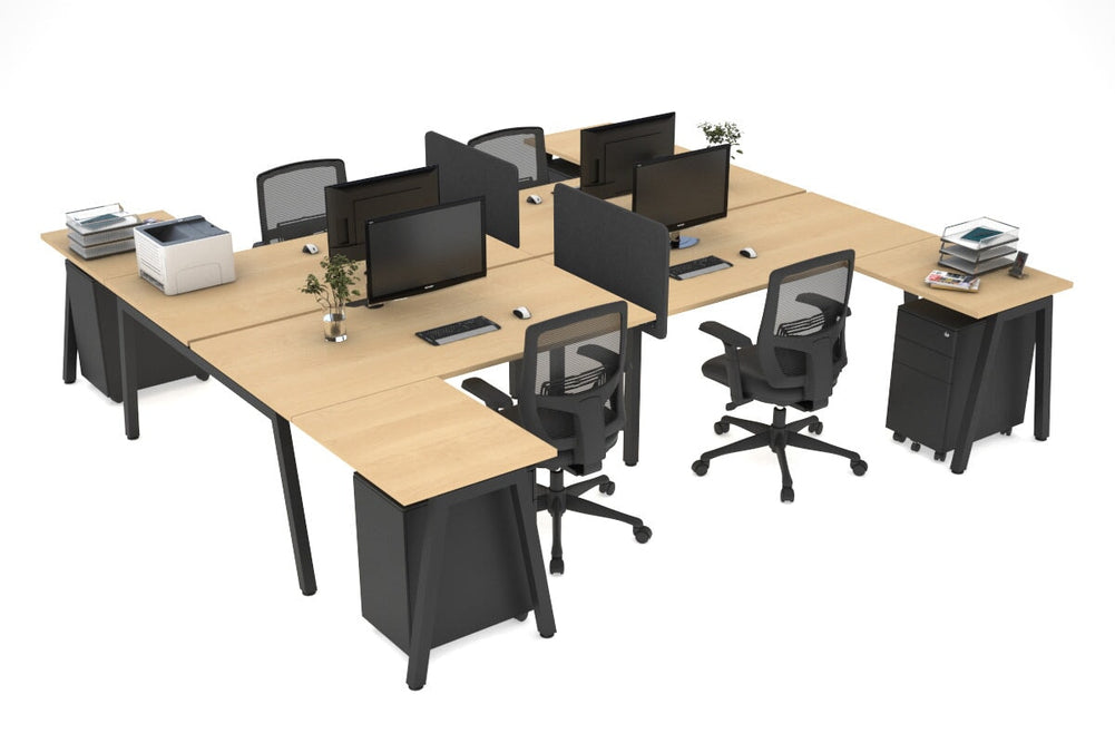 Quadro A Legs 4 Person Corner Workstation - H Configuration - Black Frame [1600L x 1800W with Cable Scallop]-maple none biscuit panel