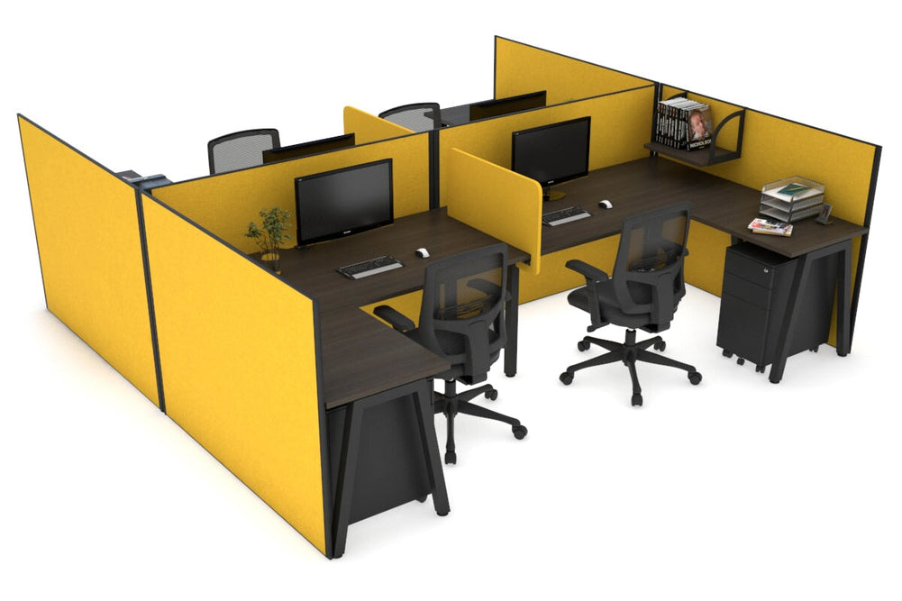 Quadro A Legs 4 Person Corner Workstation - H Configuration - Black Frame [1600L x 1800W with Cable Scallop]-dark oak mustard yellow biscuit panel