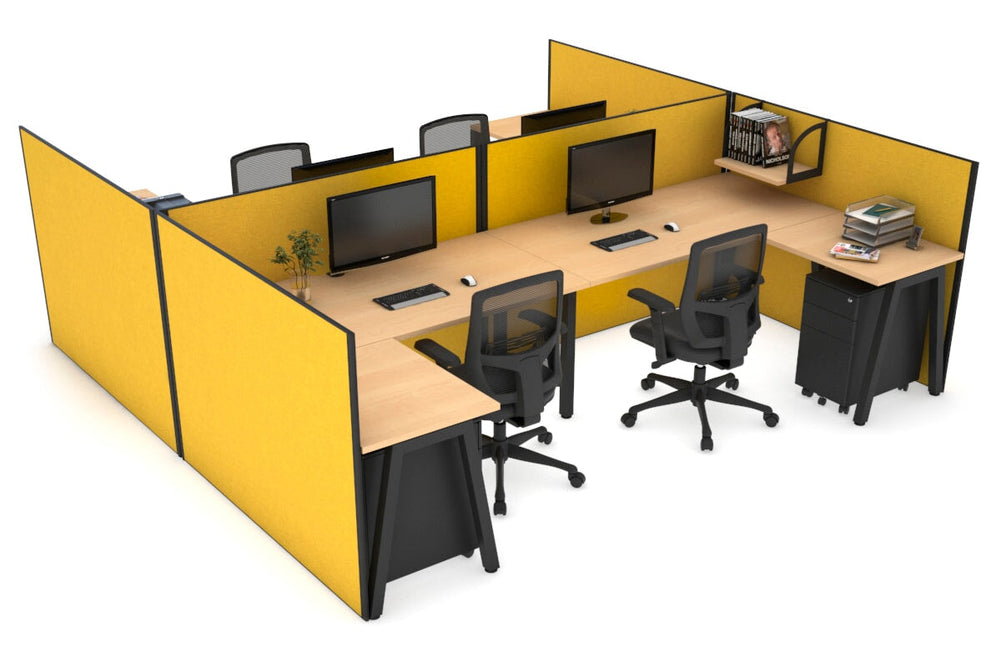 Quadro A Legs 4 Person Corner Workstation - H Configuration - Black Frame [1600L x 1800W with Cable Scallop]-maple mustard yellow none