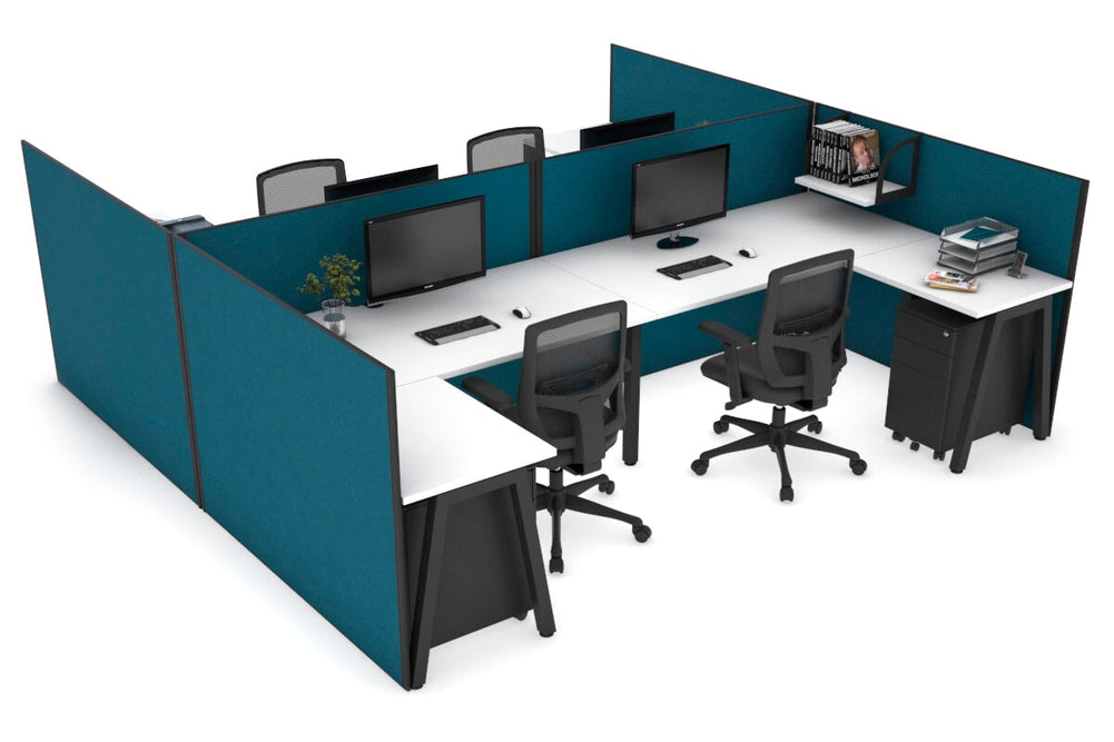 Quadro A Legs 4 Person Corner Workstation - H Configuration - Black Frame [1600L x 1800W with Cable Scallop]-white deep blue none