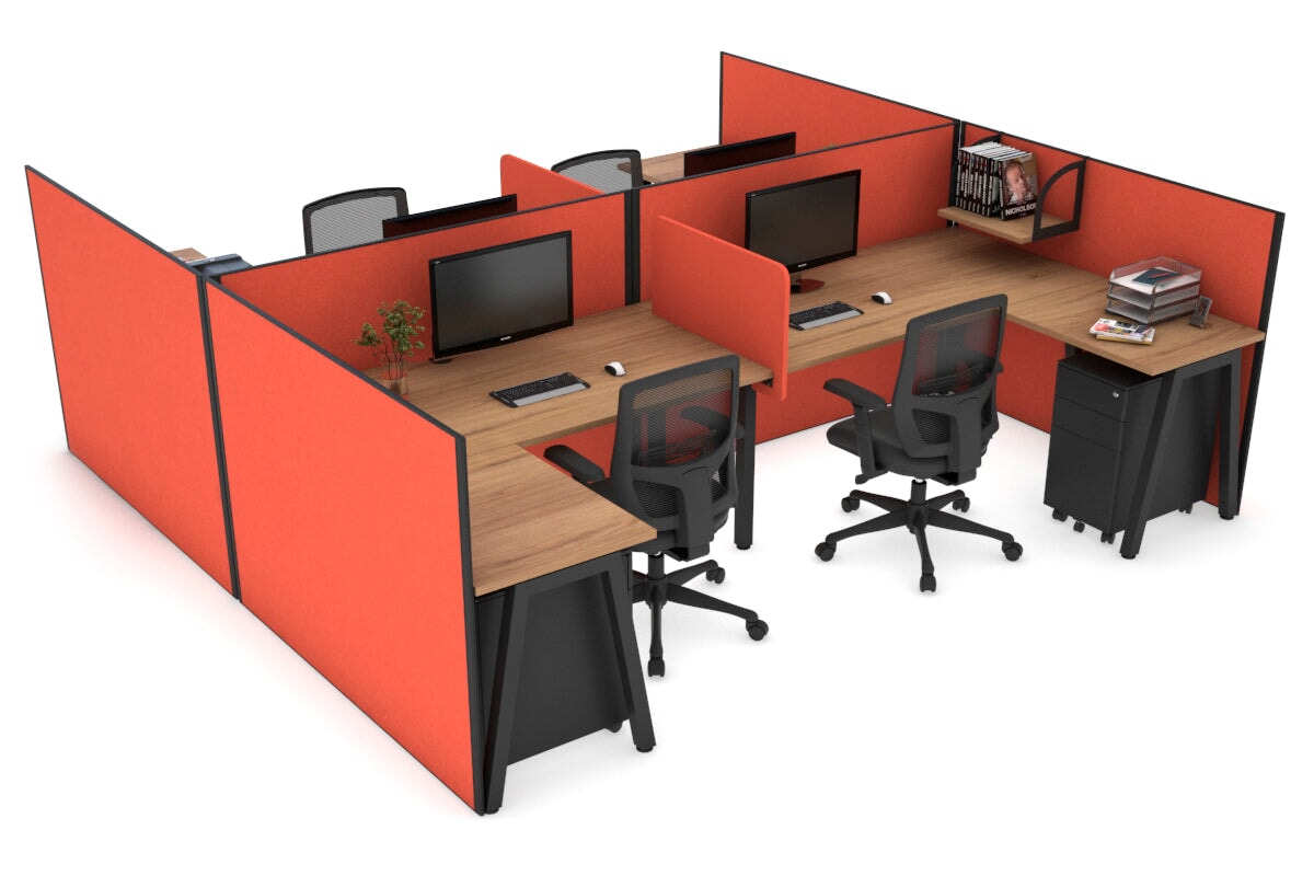 Quadro A leg 4 Person Corner Workstations - H Configuration - Black Frame [1600L x 1800W with Cable Scallop] Jasonl salvage oak squash orange biscuit panel