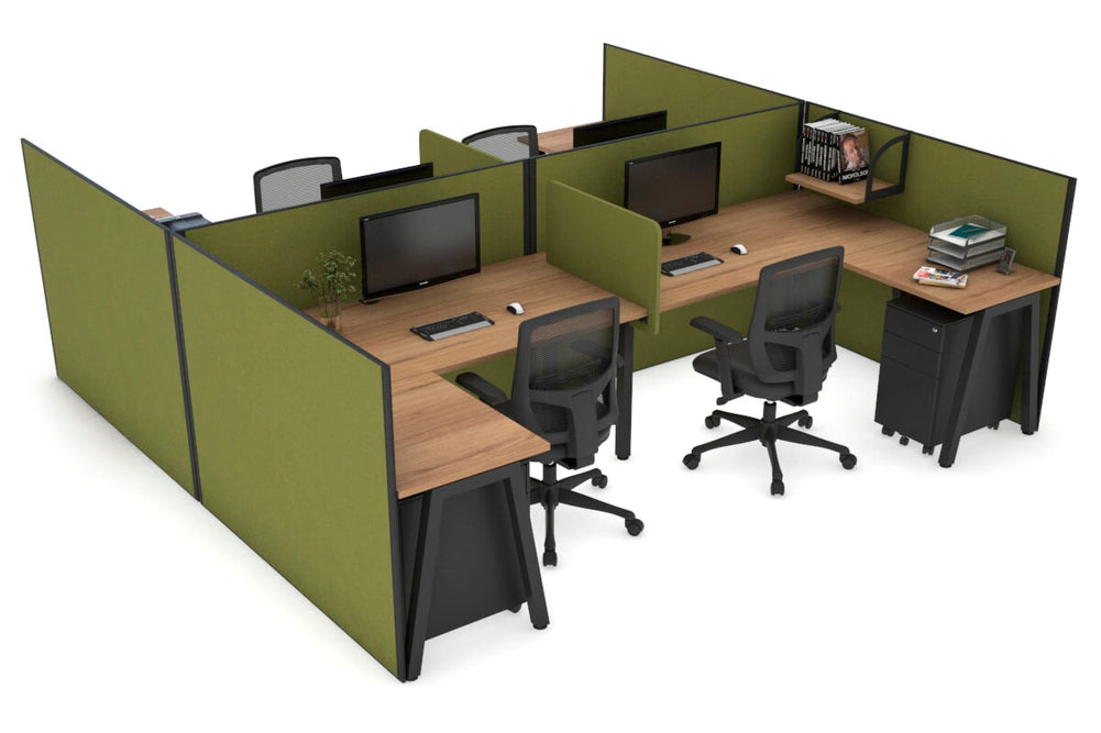 Quadro A Legs 4 Person Corner Workstation - H Configuration - Black Frame [1600L x 1800W with Cable Scallop]-salvage oak green moss biscuit panel