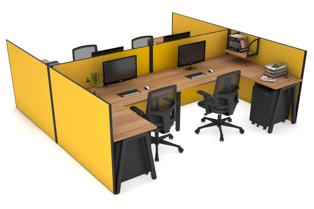 Quadro A Legs 4 Person Corner Workstation - H Configuration - Black Frame [1600L x 1800W with Cable Scallop]-salvage oak mustard yellow none