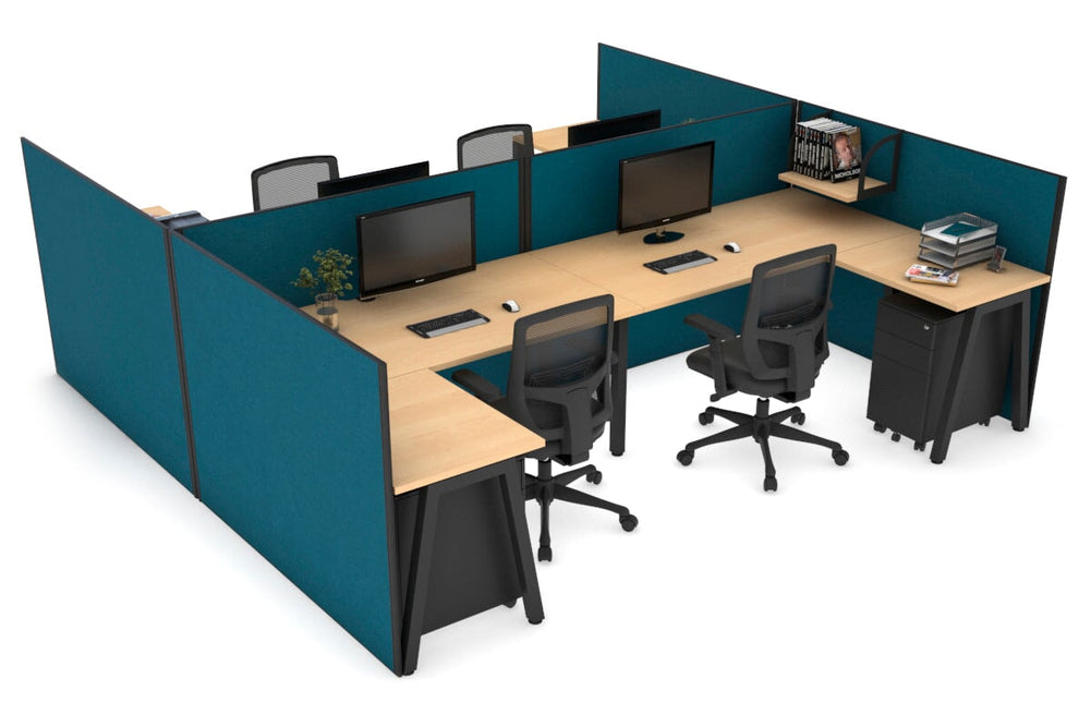 Quadro A Legs 4 Person Corner Workstation - H Configuration - Black Frame [1600L x 1800W with Cable Scallop]-maple deep blue none