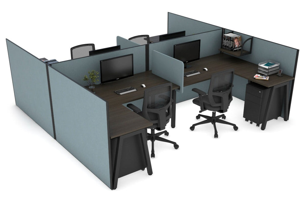 Quadro A Legs 4 Person Corner Workstation - H Configuration - Black Frame [1800L x 1800W with Cable Scallop]-dark oak cool grey biscuit panel
