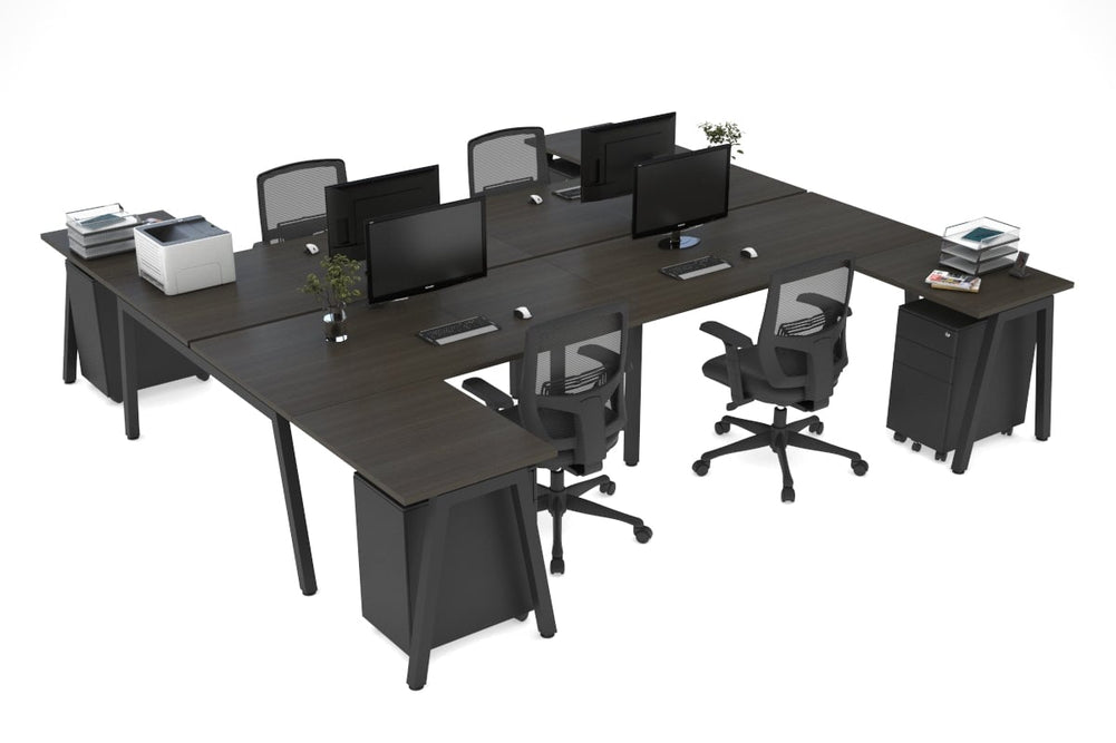 Quadro A Legs 4 Person Corner Workstation - H Configuration - Black Frame [1800L x 1800W with Cable Scallop]-dark oak none none