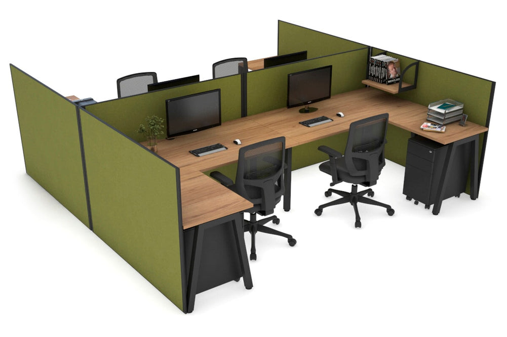 Quadro A Legs 4 Person Corner Workstation - H Configuration - Black Frame [1800L x 1800W with Cable Scallop]-salvage oak green moss none