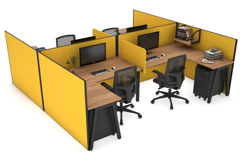 Quadro A Legs 4 Person Corner Workstation - H Configuration - Black Frame [1800L x 1800W with Cable Scallop]-salvage oak mustard yellow biscuit panel