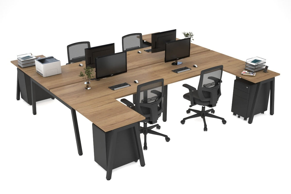 Quadro A Legs 4 Person Corner Workstation - H Configuration - Black Frame [1800L x 1800W with Cable Scallop]-salvage oak none none