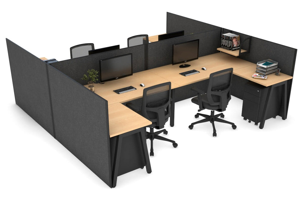 Quadro A Legs 4 Person Corner Workstation - H Configuration - Black Frame [1800L x 1800W with Cable Scallop]-maple moody charchoal none