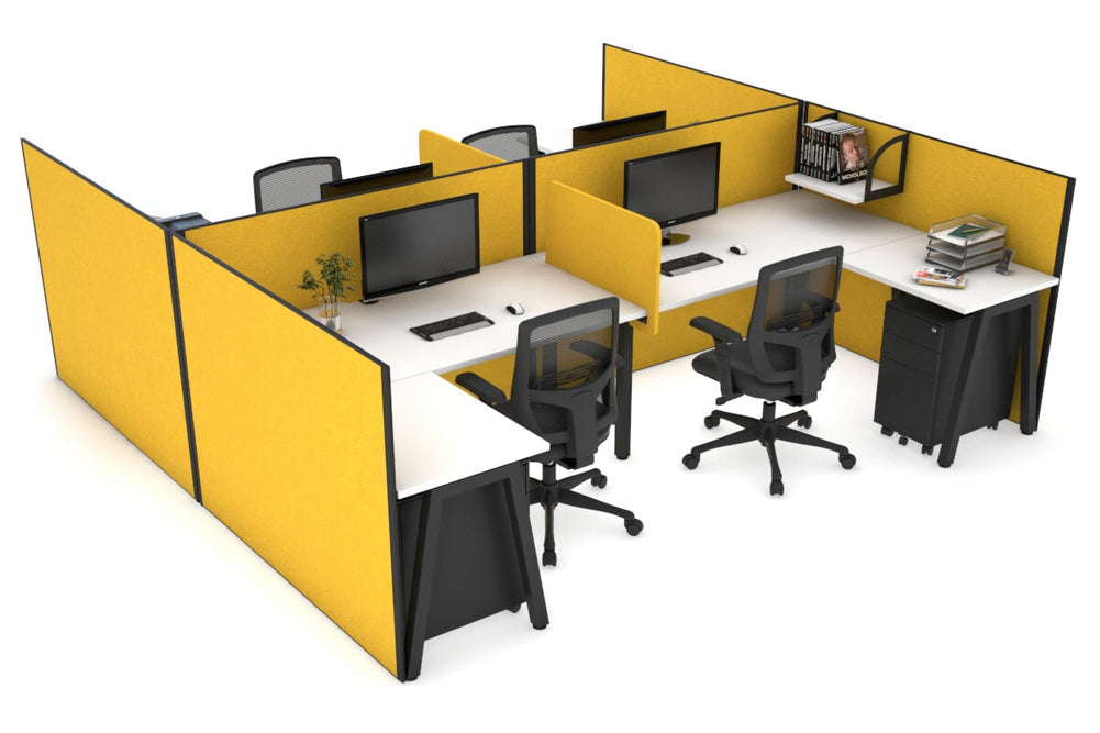 Quadro A Legs 4 Person Corner Workstation - H Configuration - Black Frame [1800L x 1800W with Cable Scallop]-white mustard yellow biscuit panel