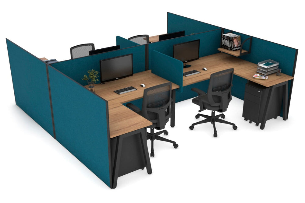 Quadro A Legs 4 Person Corner Workstation - H Configuration - Black Frame [1800L x 1800W with Cable Scallop]-salvage oak deep blue biscuit panel