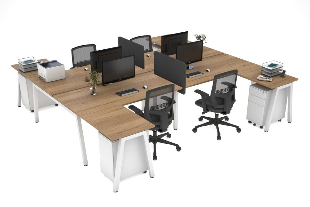 Quadro A Legs 4 Person Corner Workstation - H Configuration - White Frame [1400L x 1800W with Cable Scallop]-salvage oak none biscuit panel