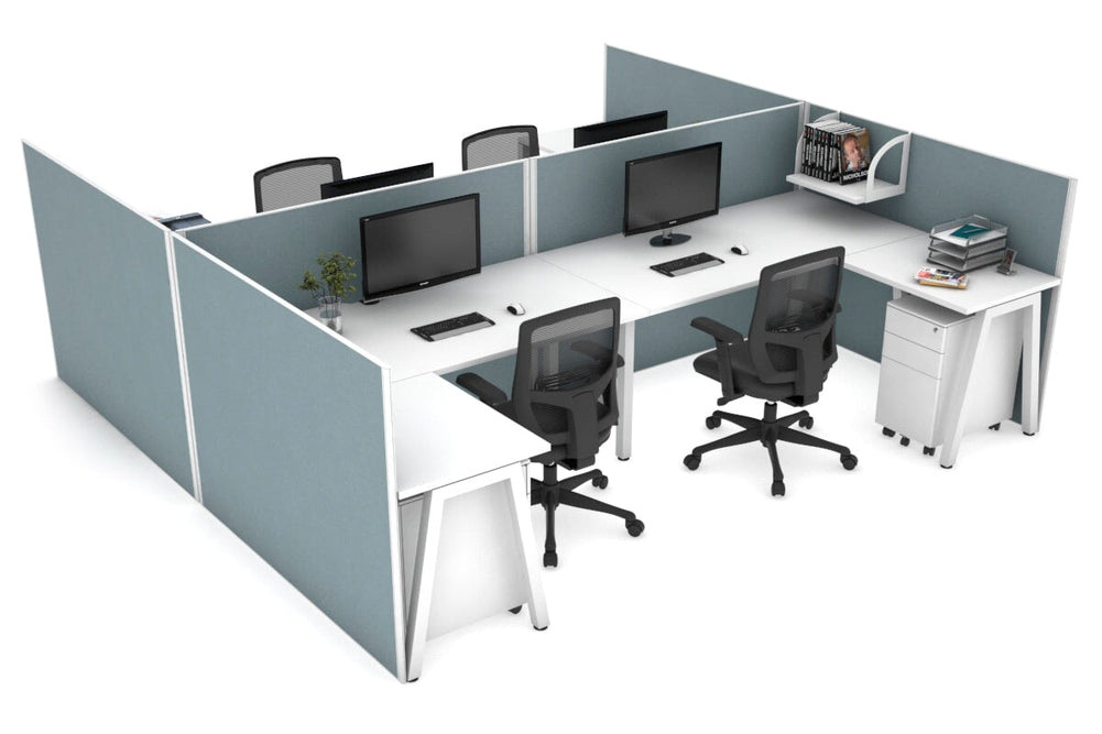 Quadro A Legs 4 Person Corner Workstation - H Configuration - White Frame [1400L x 1800W with Cable Scallop]-white cool grey none