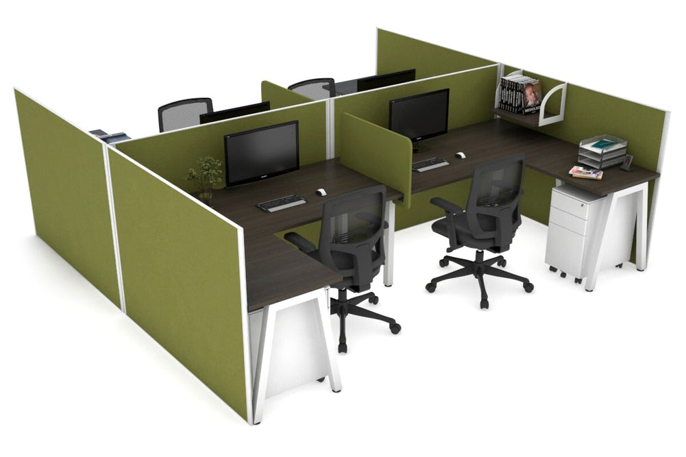 Quadro A Legs 4 Person Corner Workstation - H Configuration - White Frame [1400L x 1800W with Cable Scallop]-dark oak green moss biscuit panel