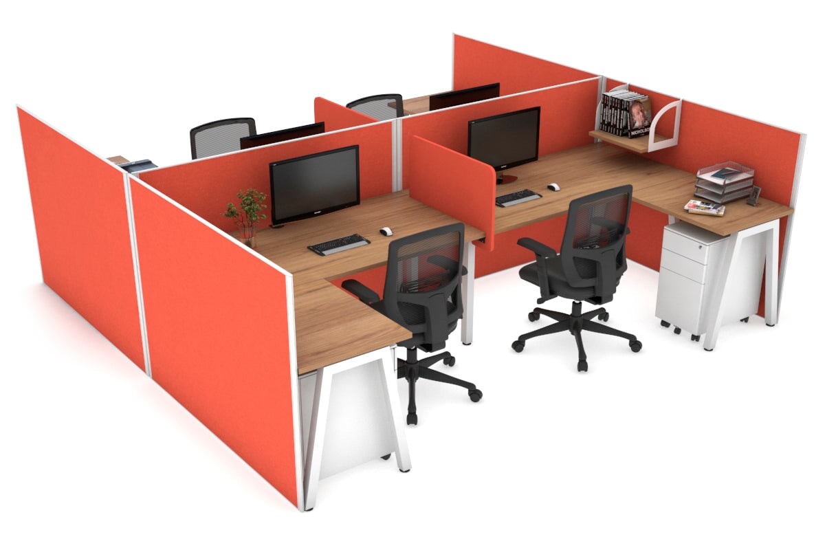 Quadro A leg 4 Person Corner Workstations - H Configuration - White Frame [1400L x 1800W with Cable Scallop] Jasonl salvage oak squash orange biscuit panel