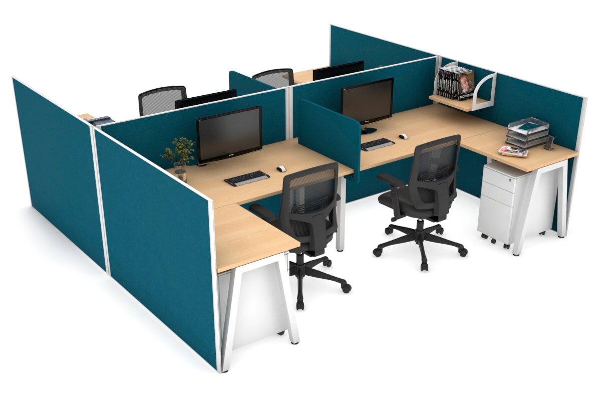 Quadro A leg 4 Person Corner Workstations - H Configuration - White Frame [1400L x 1800W with Cable Scallop] Jasonl maple deep blue biscuit panel