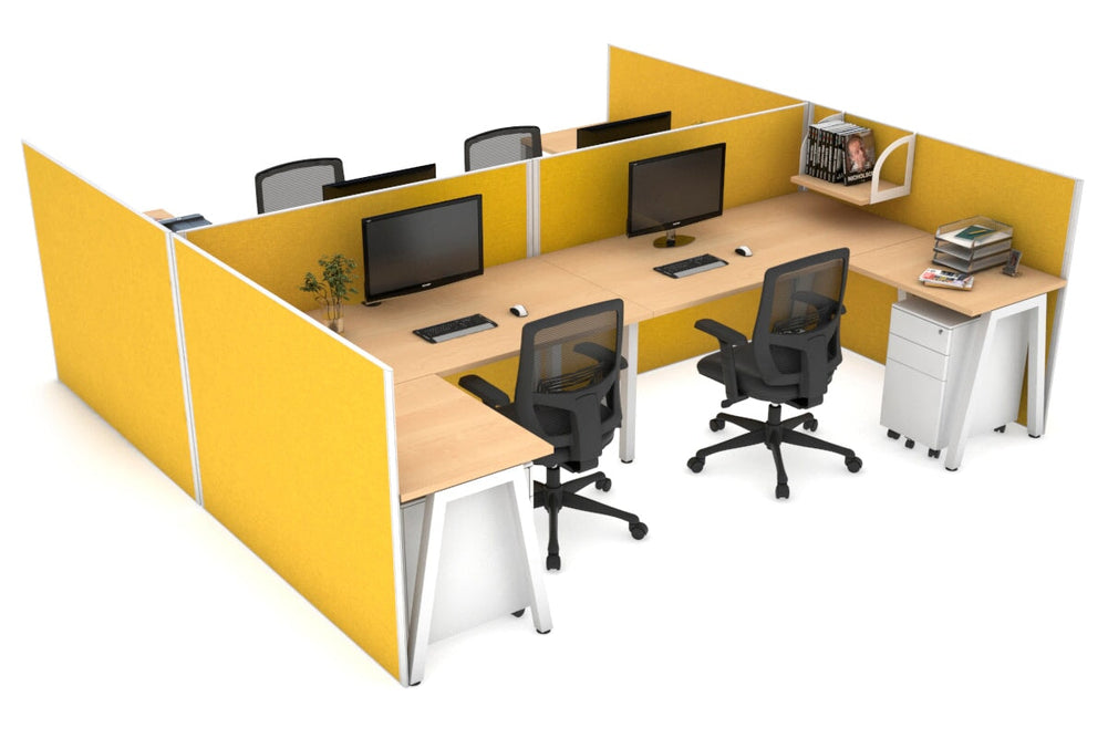 Quadro A Legs 4 Person Corner Workstation - H Configuration - White Frame [1400L x 1800W with Cable Scallop]-maple mustard yellow none