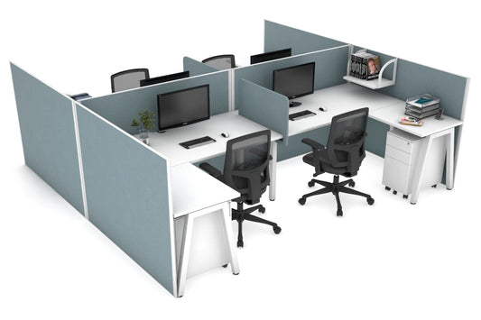 Quadro A leg 4 Person Corner Workstations - H Configuration - White Frame [1400L x 1800W with Cable Scallop] Jasonl white cool grey biscuit panel