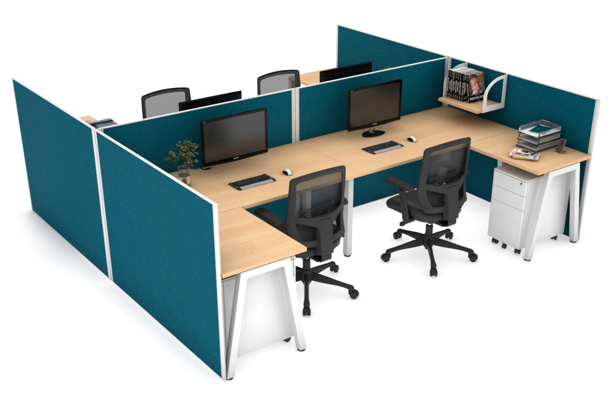Quadro A leg 4 Person Corner Workstations - H Configuration - White Frame [1400L x 1800W with Cable Scallop] Jasonl maple deep blue none
