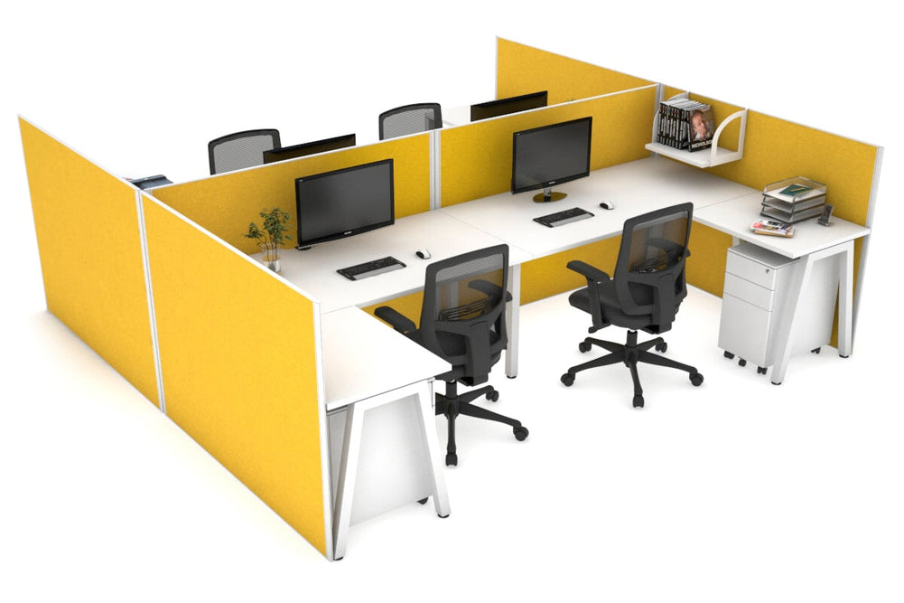 Quadro A Legs 4 Person Corner Workstation - H Configuration - White Frame [1400L x 1800W with Cable Scallop]-white mustard yellow none