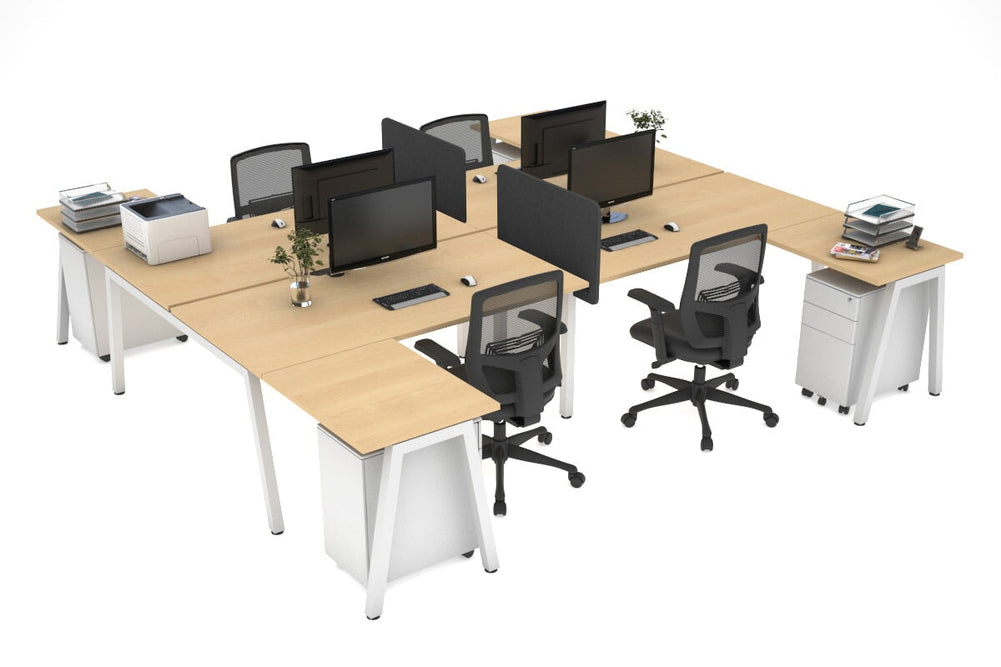 Quadro A Legs 4 Person Corner Workstation - H Configuration - White Frame [1400L x 1800W with Cable Scallop]-maple none biscuit panel