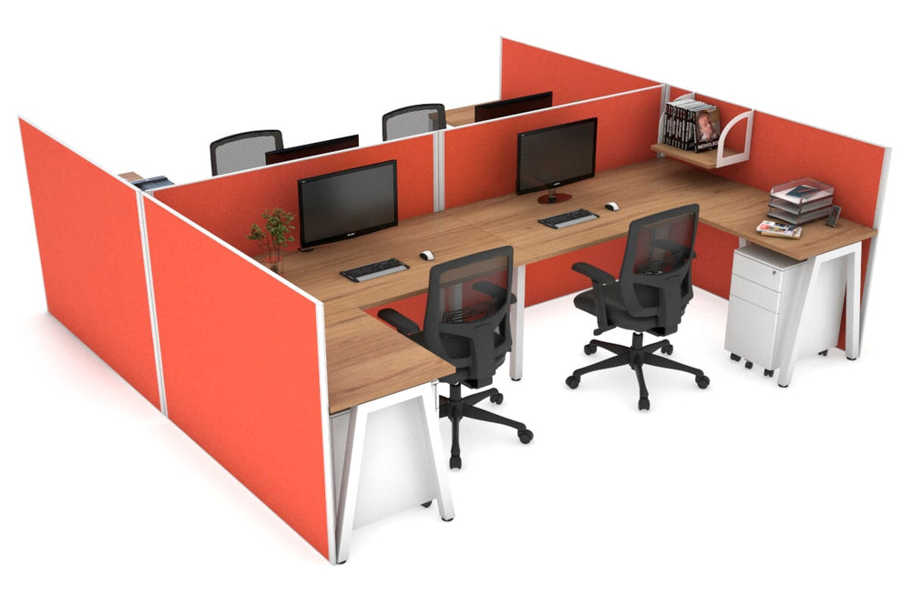 Quadro A Legs 4 Person Corner Workstation - H Configuration - White Frame [1400L x 1800W with Cable Scallop]-salvage oak squash orange none