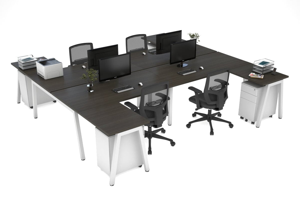 Quadro A Legs 4 Person Corner Workstation - H Configuration - White Frame [1400L x 1800W with Cable Scallop]-dark oak none none