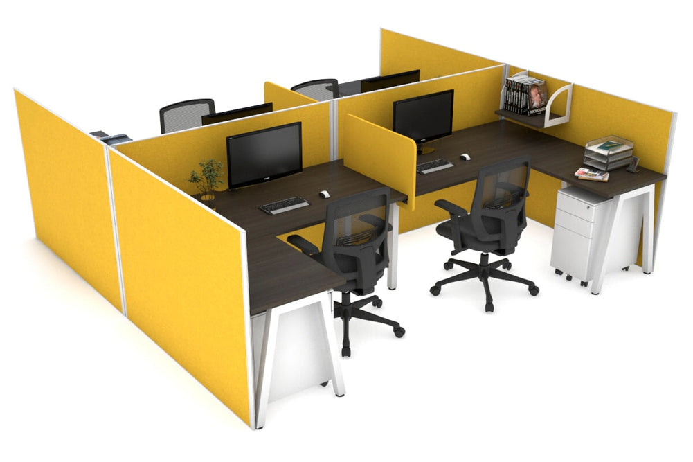 Quadro A Legs 4 Person Corner Workstation - H Configuration - White Frame [1400L x 1800W with Cable Scallop]-dark oak mustard yellow biscuit panel