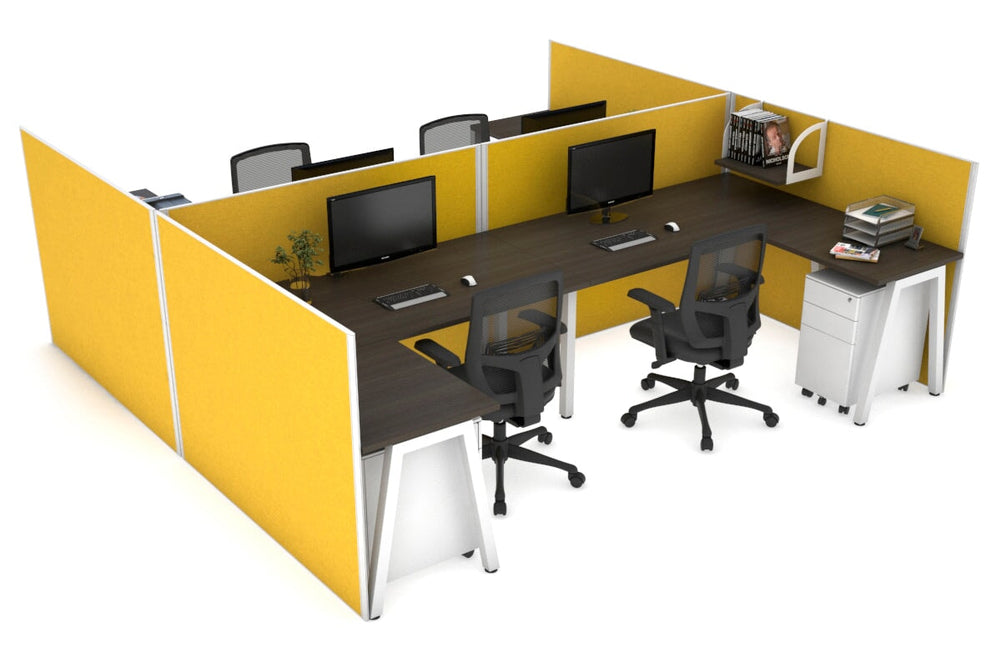 Quadro A Legs 4 Person Corner Workstation - H Configuration - White Frame [1400L x 1800W with Cable Scallop]-dark oak mustard yellow none