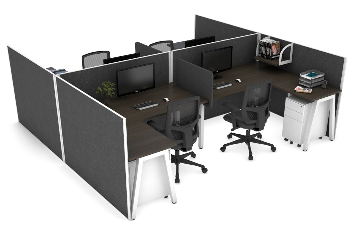 Quadro A leg 4 Person Corner Workstations - H Configuration - White Frame [1400L x 1800W with Cable Scallop] Jasonl dark oak moody charchoal biscuit panel