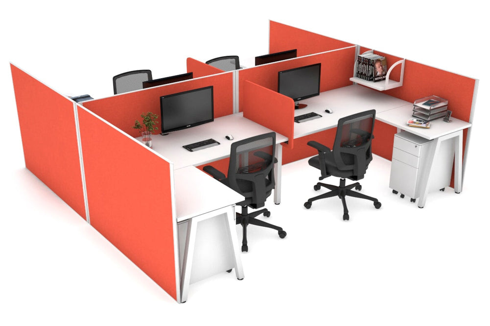 Quadro A Legs 4 Person Corner Workstation - H Configuration - White Frame [1400L x 1800W with Cable Scallop]-white squash orange biscuit panel