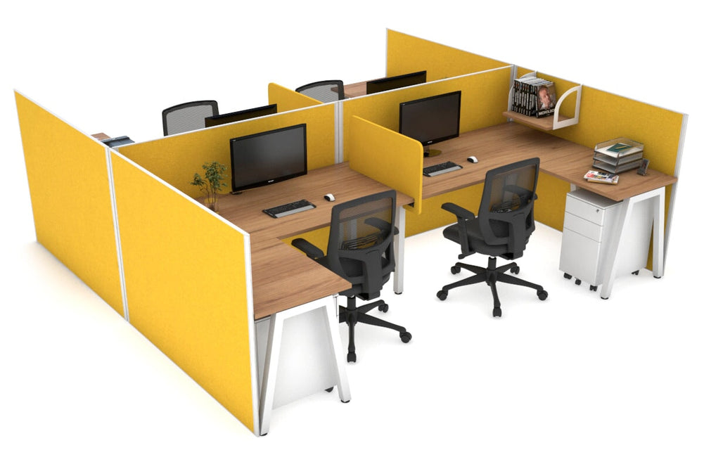 Quadro A Legs 4 Person Corner Workstation - H Configuration - White Frame [1400L x 1800W with Cable Scallop]-salvage oak mustard yellow biscuit panel