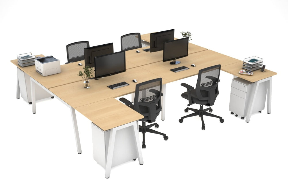 Quadro A Legs 4 Person Corner Workstation - H Configuration - White Frame [1400L x 1800W with Cable Scallop]-maple none none