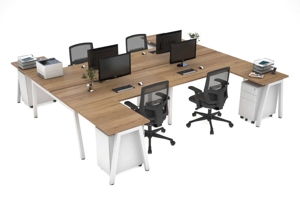 Quadro A Legs 4 Person Corner Workstation - H Configuration - White Frame [1400L x 1800W with Cable Scallop]-salvage oak none none