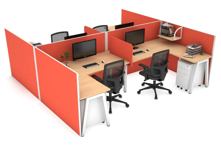 Quadro A leg 4 Person Corner Workstations - H Configuration - White Frame [1400L x 1800W with Cable Scallop] Jasonl maple squash orange biscuit panel