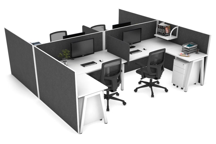 Quadro A leg 4 Person Corner Workstations - H Configuration - White Frame [1400L x 1800W with Cable Scallop] Jasonl white moody charchoal biscuit panel
