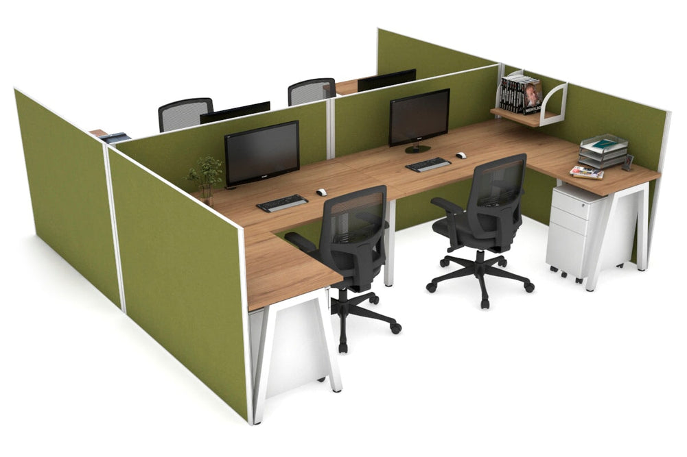 Quadro A Legs 4 Person Corner Workstation - H Configuration - White Frame [1600L x 1800W with Cable Scallop]-salvage oak green moss none