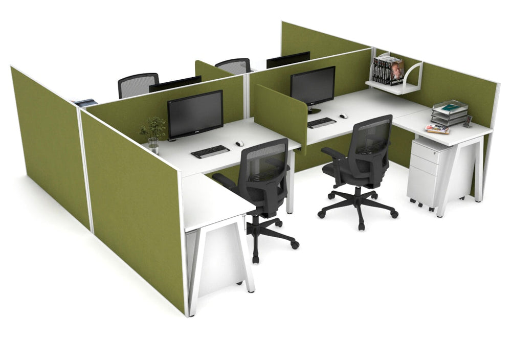Quadro A Legs 4 Person Corner Workstation - H Configuration - White Frame [1600L x 1800W with Cable Scallop]-white green moss biscuit panel