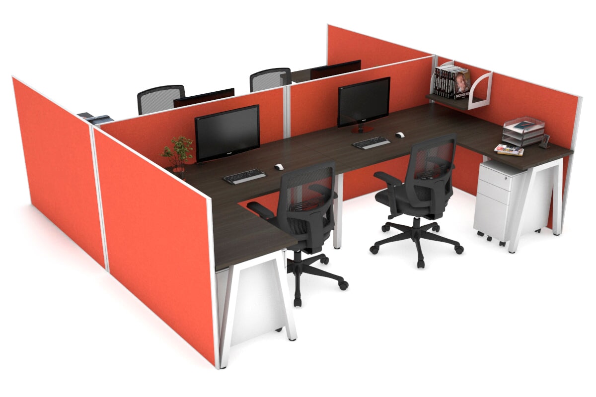 Quadro A leg 4 Person Corner Workstations - H Configuration - White Frame [1600L x 1800W with Cable Scallop] Jasonl dark oak squash orange none