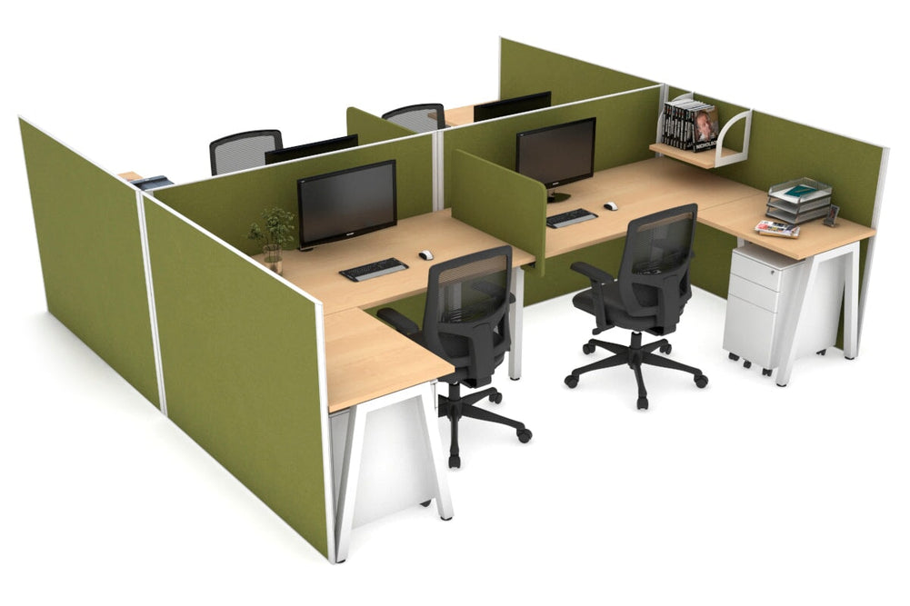 Quadro A Legs 4 Person Corner Workstation - H Configuration - White Frame [1600L x 1800W with Cable Scallop]-maple green moss biscuit panel