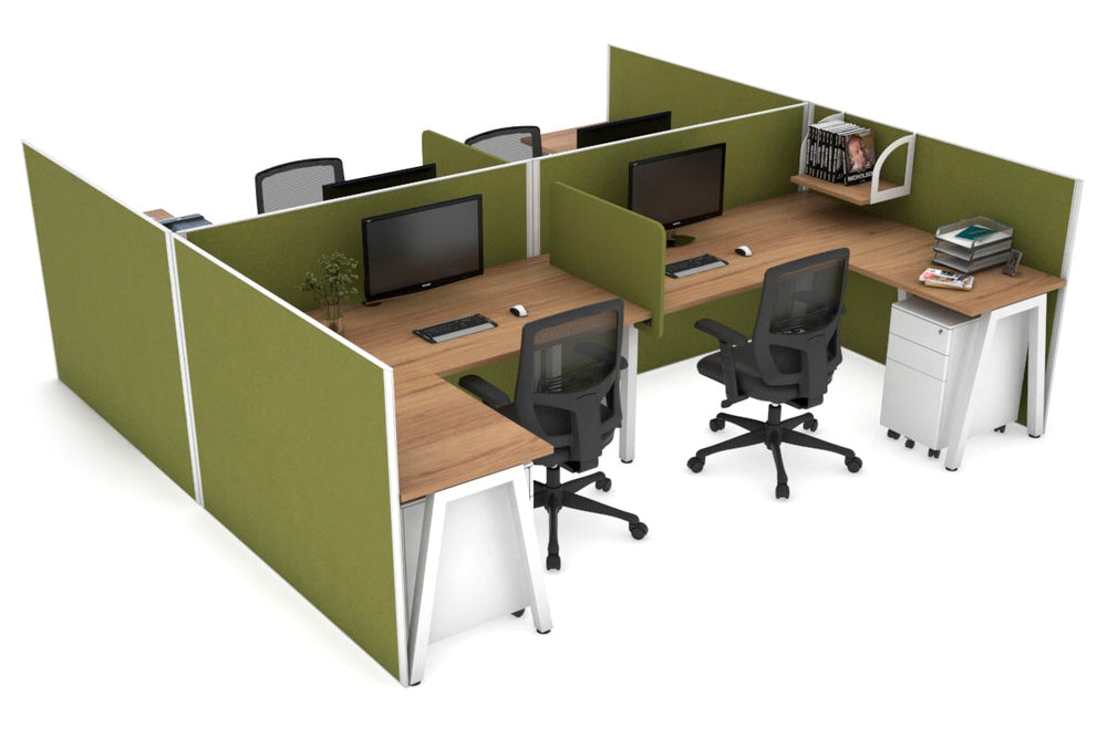 Quadro A Legs 4 Person Corner Workstation - H Configuration - White Frame [1600L x 1800W with Cable Scallop]-salvage oak green moss biscuit panel