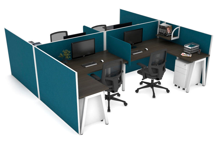 Quadro A leg 4 Person Corner Workstations - H Configuration - White Frame [1600L x 1800W with Cable Scallop] Jasonl dark oak deep blue biscuit panel